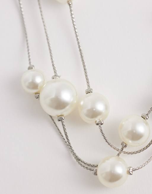 ASOS DESIGN Curve multi-row necklace with faux pearls in silver tone, 3 of 4