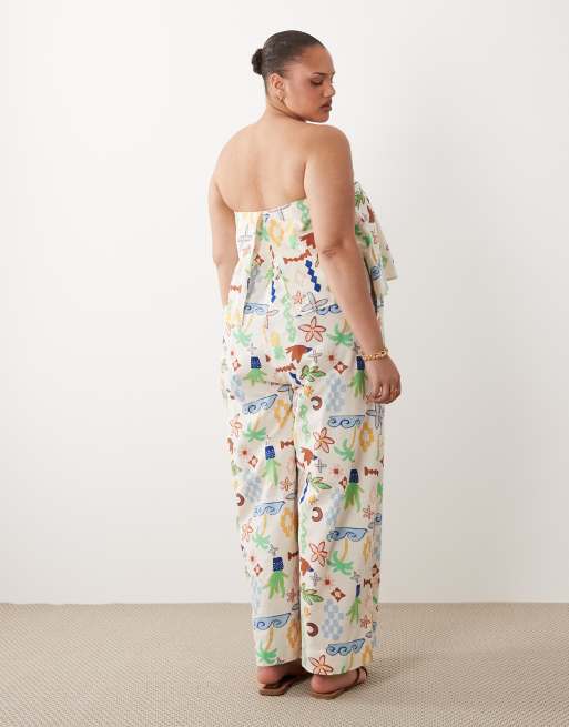 ASOS DESIGN Curve - Multifarvet bandeau-jumpsuit i dobbeltlag med print, 4 af 4