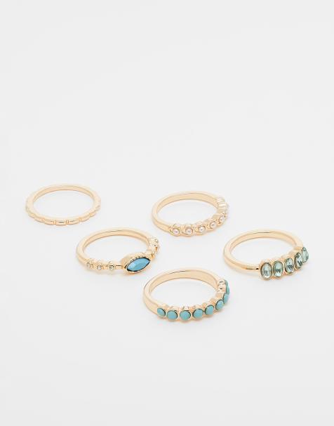 ASOS DESIGN Curve multipack mix of rings with blue stone and faux pearl in gold tone - view 1