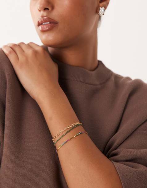 ASOS DESIGN Curve - Multipakke med guldfarvede fine armbånd med multifarvede glimtende rhinsten - view 1