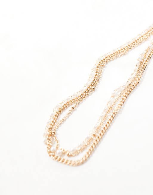 ASOS DESIGN Curve multirow anklet with faux pearl and mixed chain in gold tone, 2 of 4