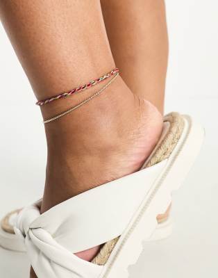 ASOS DESIGN Curve multirow anklet with twisted thread and fine chain in gold tone