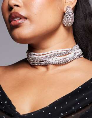 ASOS Curve ASOS DESIGN Curve multirow choker necklace with faux pearl and crystal design in silver tone