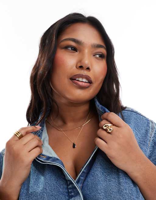 ASOS DESIGN Curve multirow necklace with black enamel charm pendant in gold tone, 2 of 3
