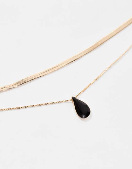 ASOS DESIGN Curve multirow necklace with black enamel charm pendant in gold tone, 3 of 3