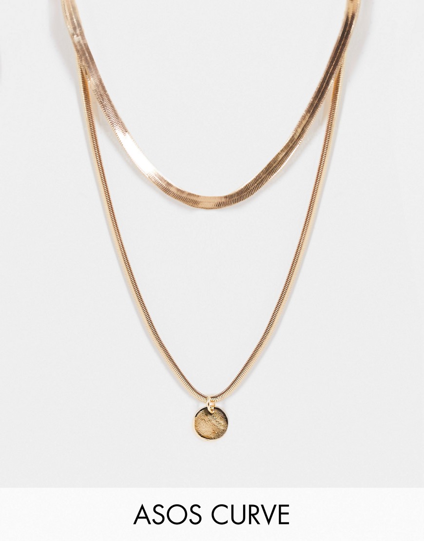 ASOS DESIGN Curve multirow necklace with disc pendant in gold tone