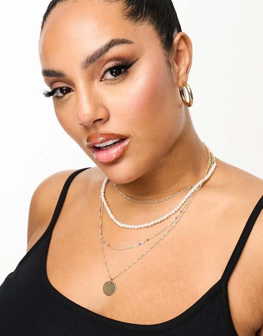 ASOS DESIGN Curve multirow necklace with rainbow bead and pearl design in gold tone