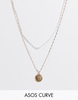 ASOS DESIGN Curve multirow necklace with small faux pearl and coin pendant in gold tone