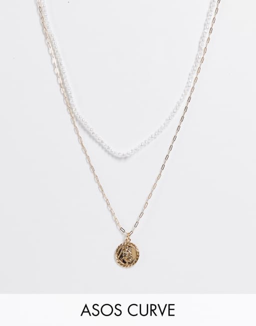ASOS DESIGN Curve multirow necklace with small faux pearl and coin pendant in gold tone