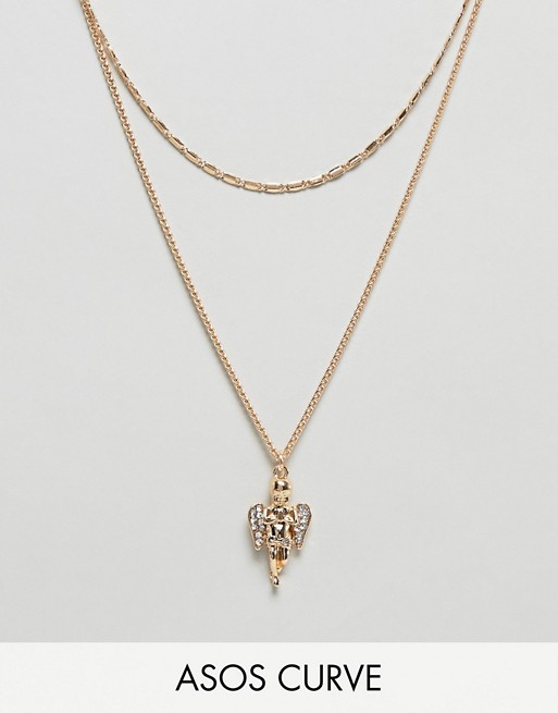 ASOS DESIGN Curve multirow necklace with vintage style cherub pendant in gold