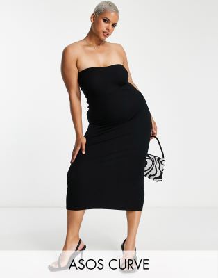 ASOS DESIGN Curve multiway bandeau ribbed beach midaxi dress in black