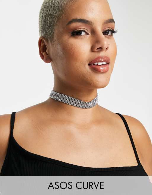 ASOS DESIGN Curve – Naszyjnik typu choker w kolorze srebra, wysadzany kryształkami