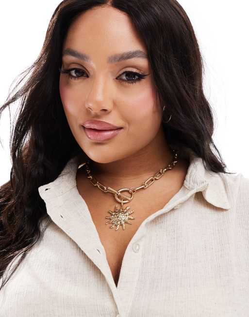 ASOS DESIGN Curve – Naszyjnik z zapięciem w kształcie litery T i zawieszką w kształcie słońca w kolorze złota