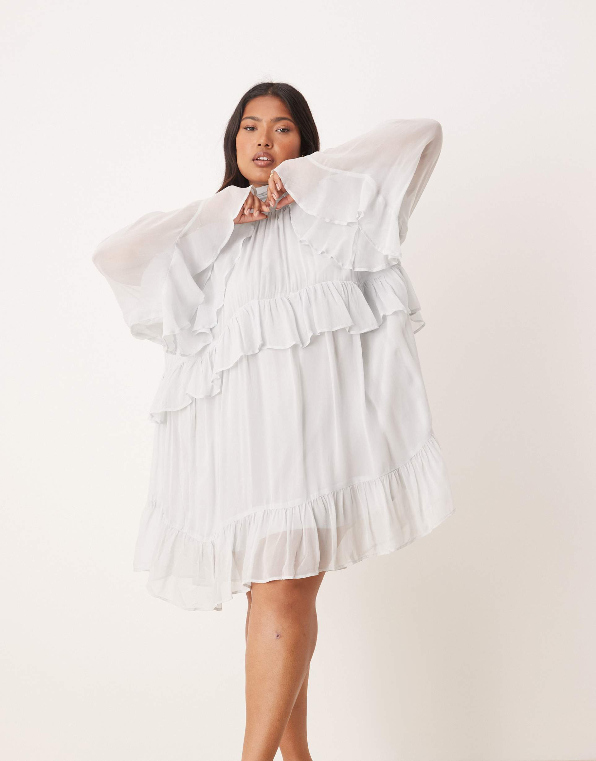 asos design curve neck ruffled mini dress in blue