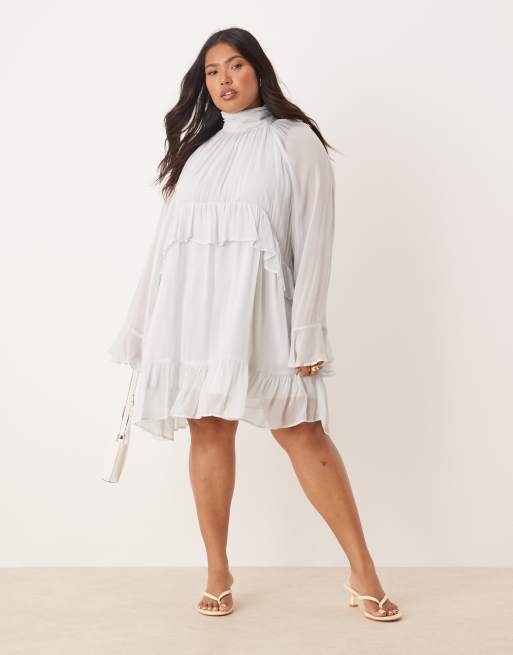 ASOS DESIGN Curve neck ruffled mini dress in blue