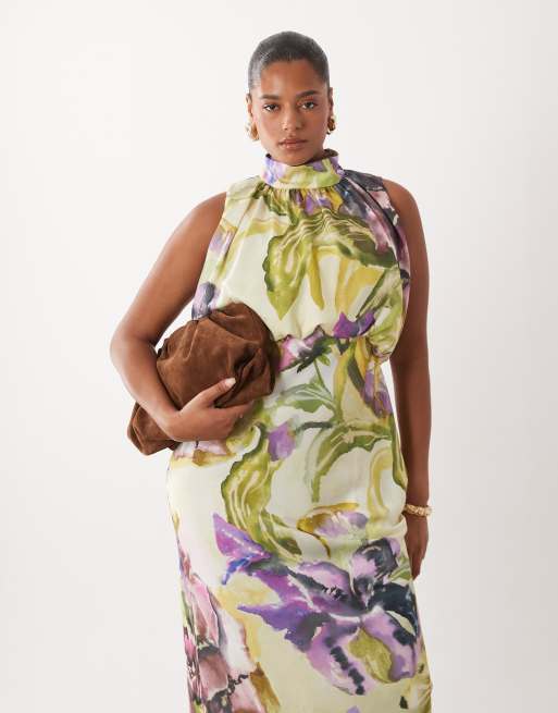 ASOS DESIGN Curve – Neckholder-Maxikleid aus Satin mit Blumenmuster und Blousonärmeln, 2 von 4