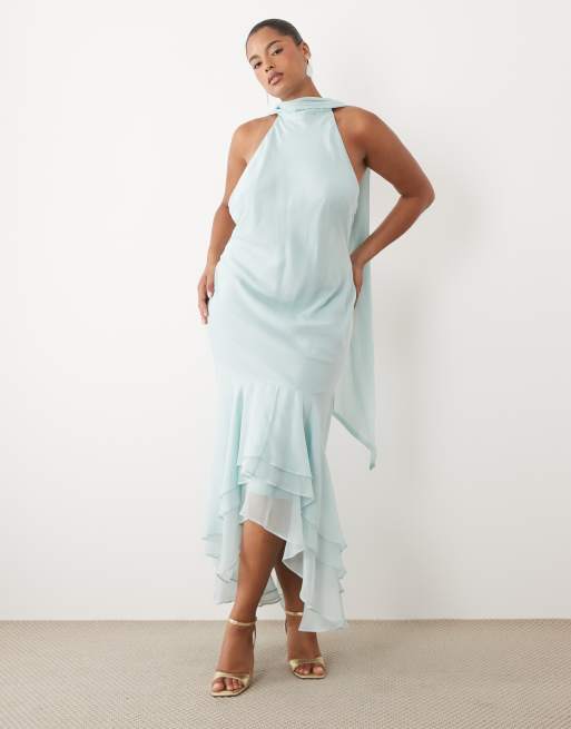 ASOS DESIGN Curve – Neckholder-Maxikleid in Blau mit Schaldetail und Rüschensaum, 2 von 4
