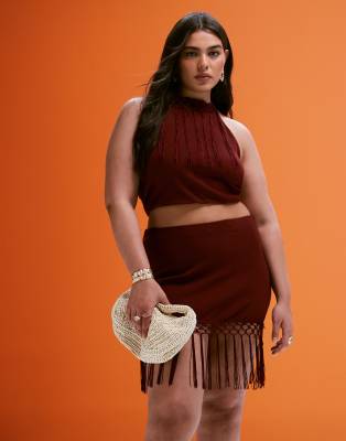 ASOS DESIGN Curve - Neckholder-Oberteil in Rosa mit Fransen, Kombiteil-Rot
