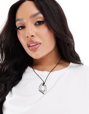 Asos Curve Asos Design Curve Necklace With Cord And Molten Pendant In Silver Tone In Metallic