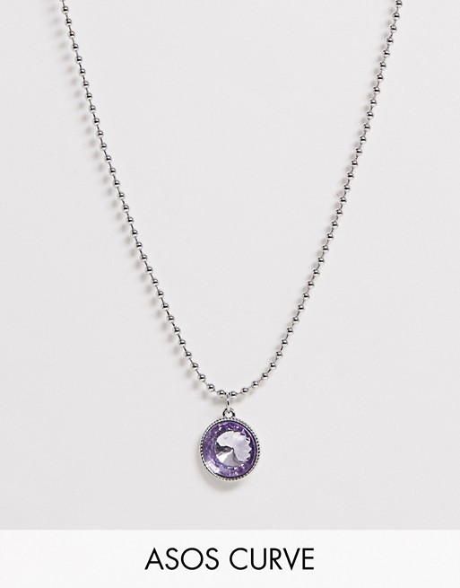 ASOS DESIGN Curve necklace with crystal gem pendant and ball chain in silver tone