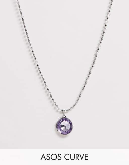 ASOS DESIGN Curve necklace with crystal gem pendant and ball chain in silver tone