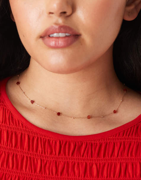 ASOS DESIGN Curve necklace with gold tone fine chain and red semi precious heart stones - view 1