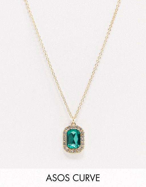 ASOS DESIGN Curve necklace with green jewel pendant in gold tone