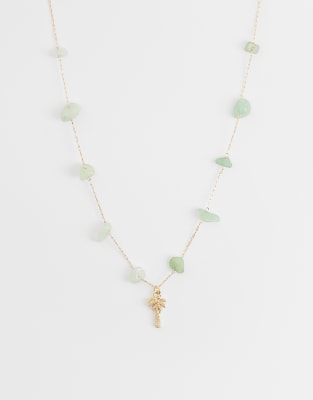 Asos Curve Asos Design Curve Necklace With Green Semi-precious Chippings And Palm Tree Pendant In Blue