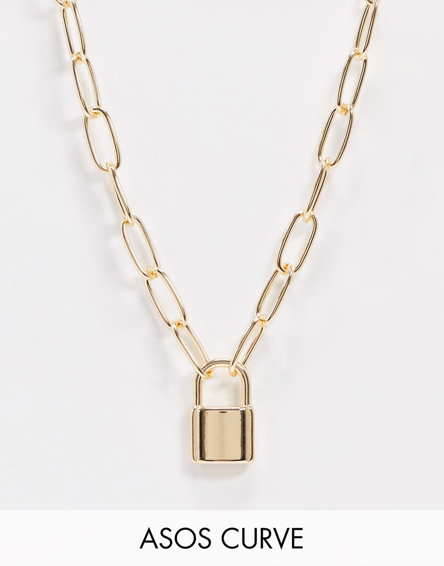 ASOS DESIGN Curve necklace with hardware chain and padlock in gold tone
