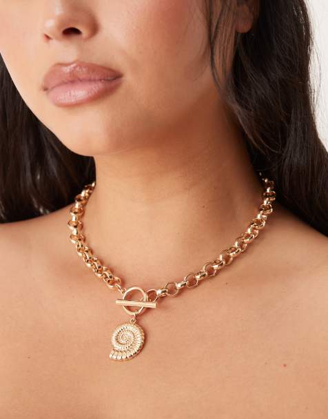 ASOS DESIGN Curve necklace with tbar and shell charm detail in gold tone - view 1
