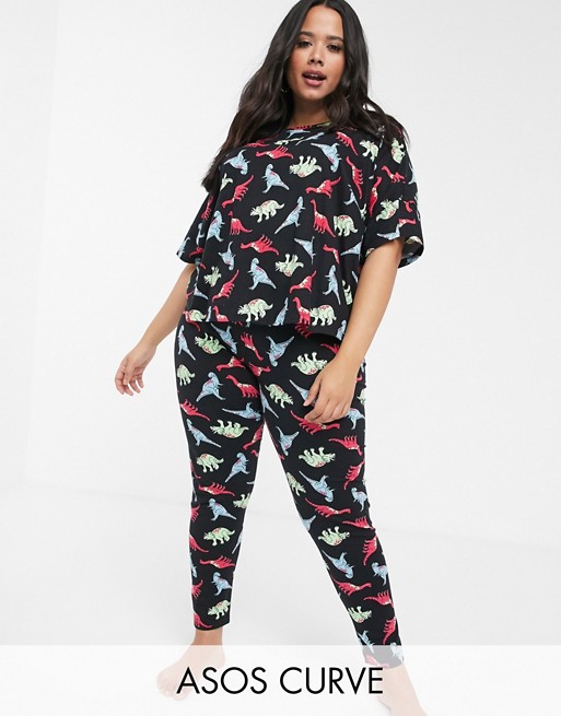 ASOS DESIGN Curve neon dinosaur jersey tee & legging pyjama set