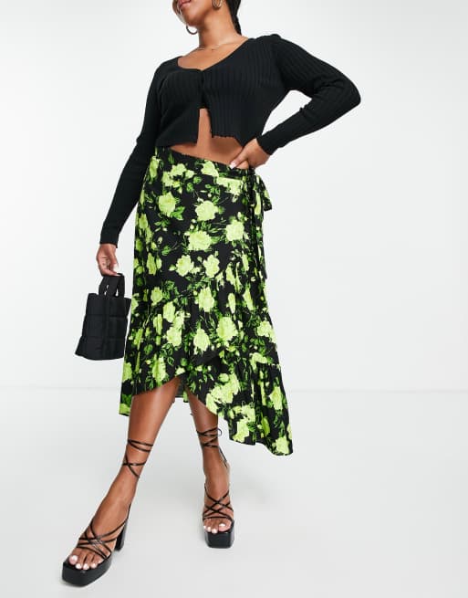 ASOS DESIGN Curve – Neonfärgad blommig midi-kjol med omlottdesign och volangprydd fåll , 4 av 4