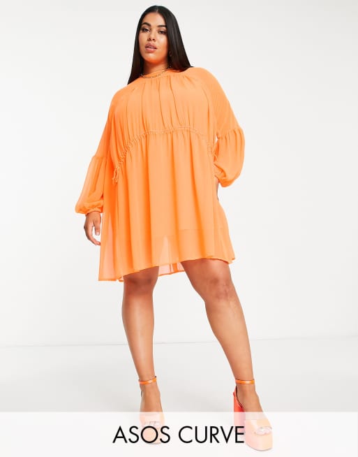 ASOS DESIGN Curve – Neonowopomarańczowa luźna sukienka mini oversize z marszczoną talią 