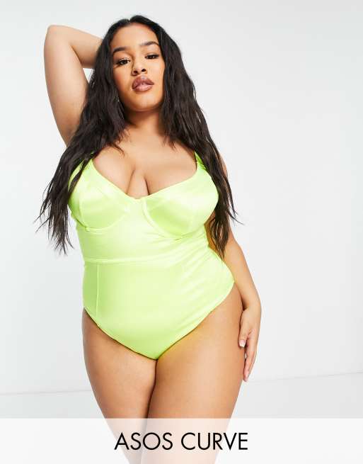 ASOS DESIGN Curve – Neonowożółty modelujący strój kąpielowy z fiszbinami