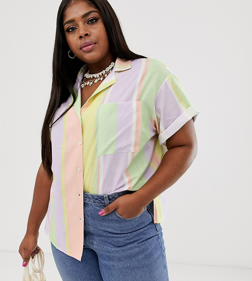 ASOS DESIGN Curve – Neonrandig linneskjorta med kort ärm-Flerfärgad