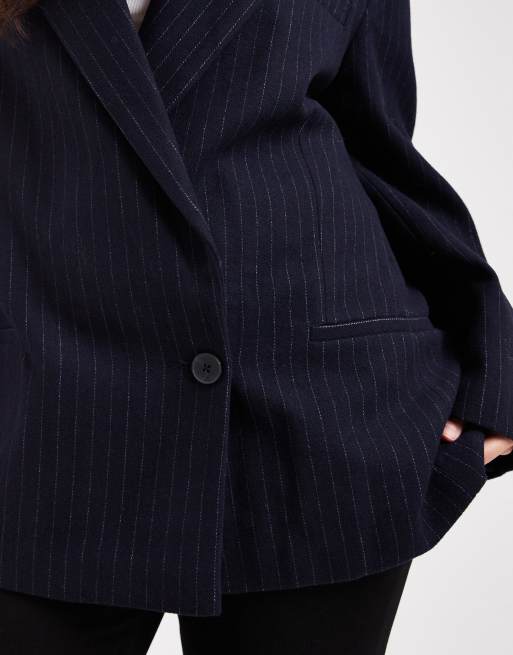 ASOS DESIGN Curve - Nette blazer van wolmix in marineblauw met krijtstreep, 2 van 4