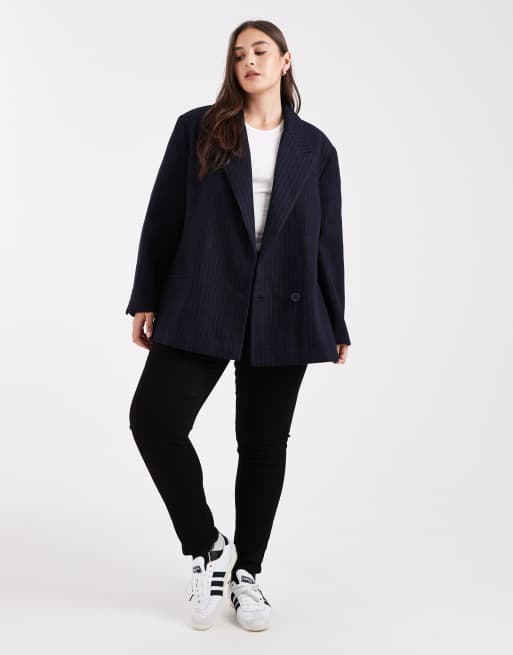 ASOS DESIGN Curve - Nette blazer van wolmix in marineblauw met krijtstreep, 3 van 4