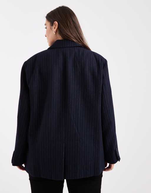 ASOS DESIGN Curve - Nette blazer van wolmix in marineblauw met krijtstreep, 4 van 4