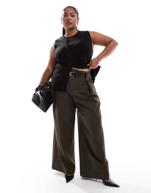 ASOS DESIGN Curve - Nette broek met superwijde pijpen en riem in olijfgroen