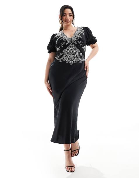ASOS DESIGN Curve - Nette halflange geborduurde jurk in zwart - view 1