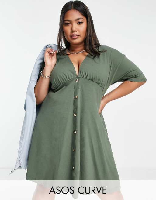 ASOS DESIGN Curve - Nette jurk met hoornen knoopjes in kaki