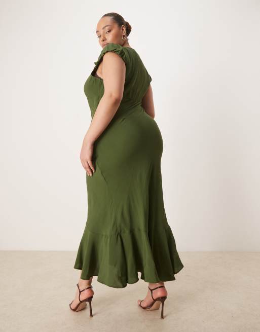 ASOS DESIGN Curve - Nette maxi-jurk met pofmouwen en V-hals in groen, 3 van 4