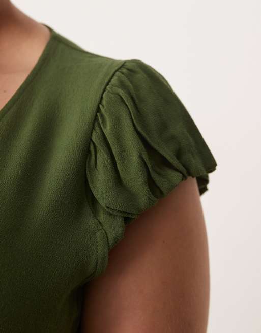 ASOS DESIGN Curve - Nette maxi-jurk met pofmouwen en V-hals in groen, 4 van 4