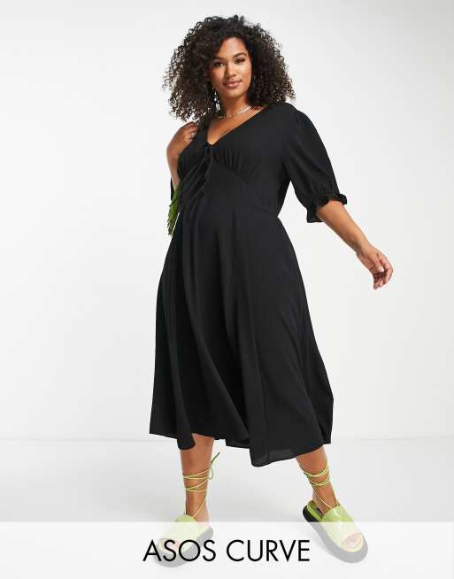 ASOS DESIGN Curve - Nette midi jurk met gestrikte voorkant en godet-plooien in zwart