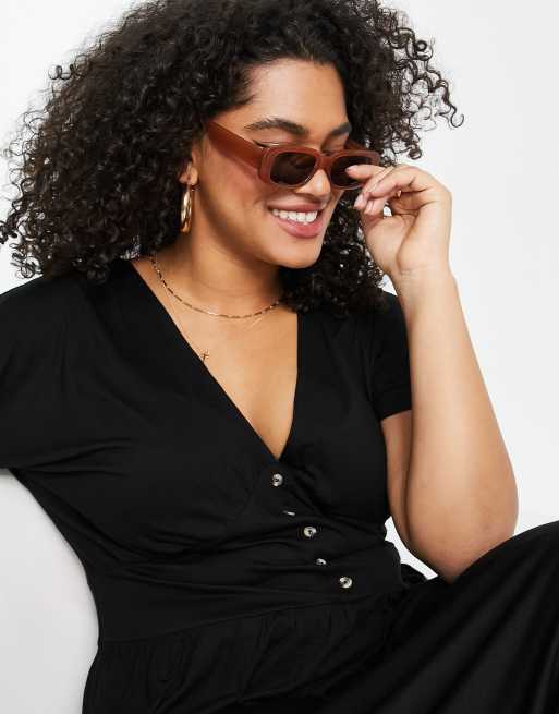 ASOS DESIGN Curve - Nette midi jurk met ingenomen taille en knoopjes in zwart, 3 van 4