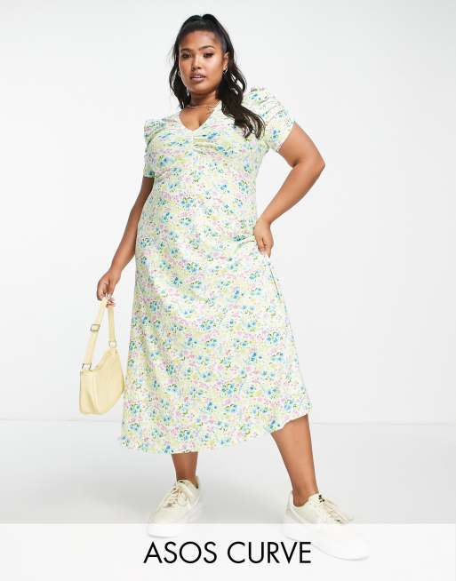 ASOS DESIGN Curve - Nette midi-jurk met korte mouwen en aangerimpelde borst in pastel bloemenprint 