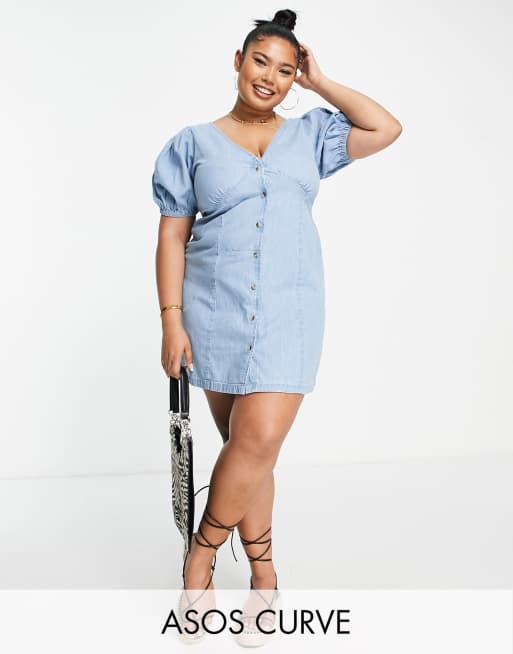 ASOS DESIGN Curve - Nette mini jurk van zacht denim met naden in mid-wash