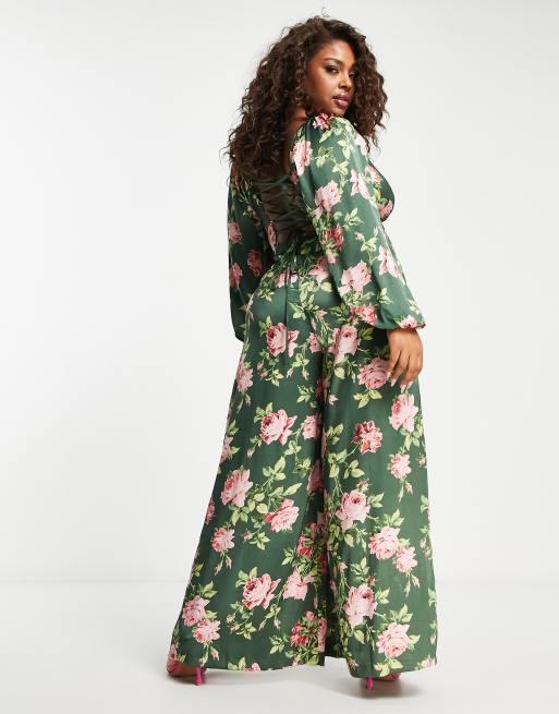 ASOS DESIGN Curve - Nette satijnen jumpsuit met vetersluiting op de rug in bloemenprint, 2 van 4