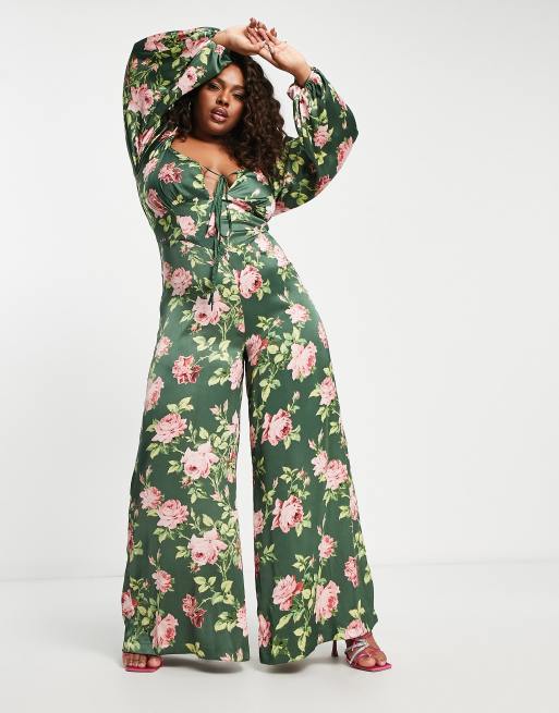 ASOS DESIGN Curve - Nette satijnen jumpsuit met vetersluiting op de rug in bloemenprint, 3 van 4