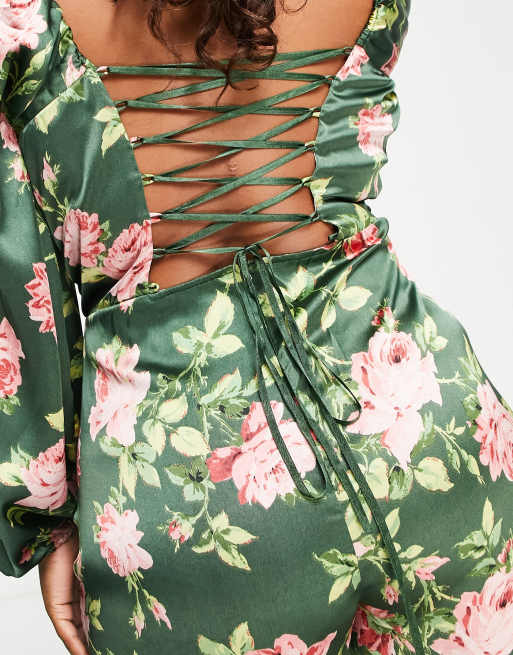 ASOS DESIGN Curve - Nette satijnen jumpsuit met vetersluiting op de rug in bloemenprint, 4 van 4